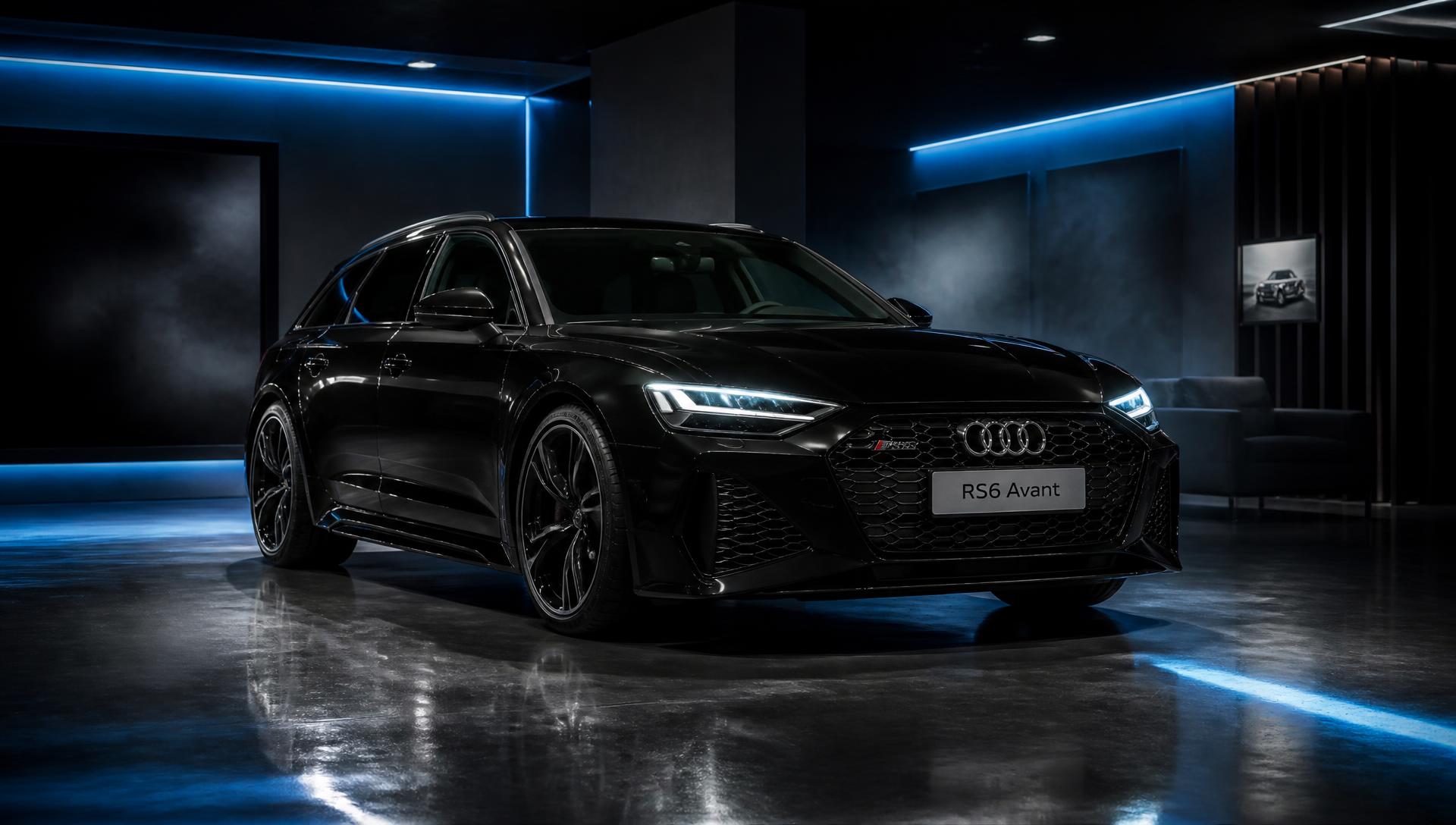 Audi RS6 noire dans un garage premium avec éclairage d'ambiance bleu
