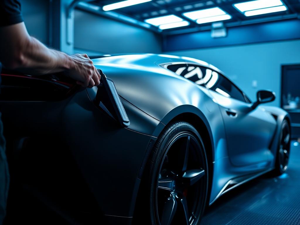 Pose d'un covering satiné sur une voiture de sport dans un atelier
